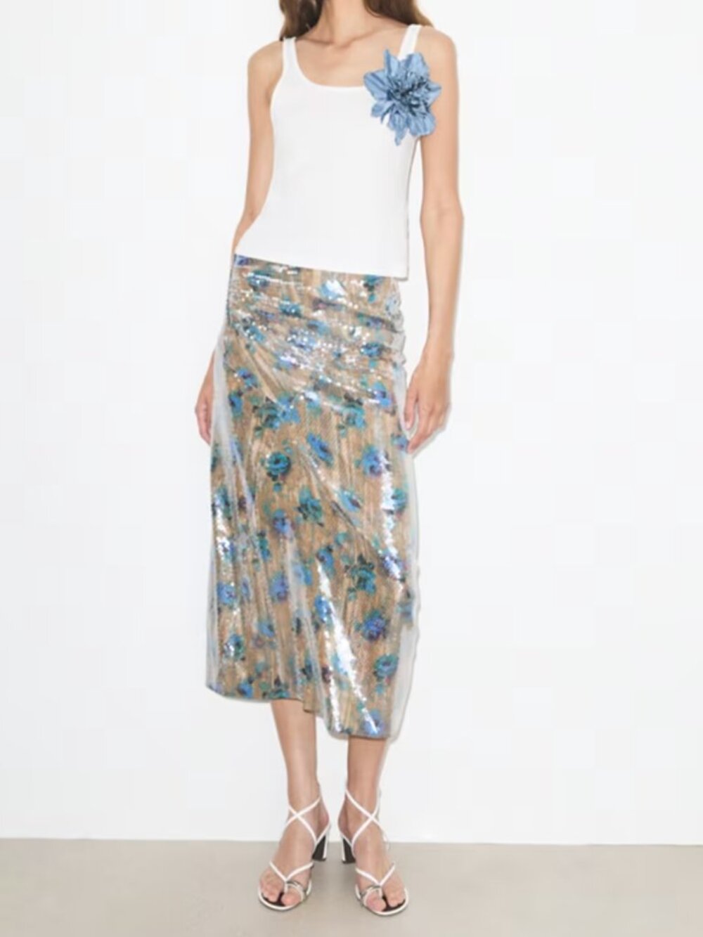 NWT Tory Burch Sequin Floral Skirt in Blue Roses